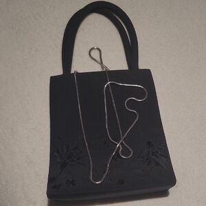 Black Embroidered Evening Shoulder Bag with Chain Strap